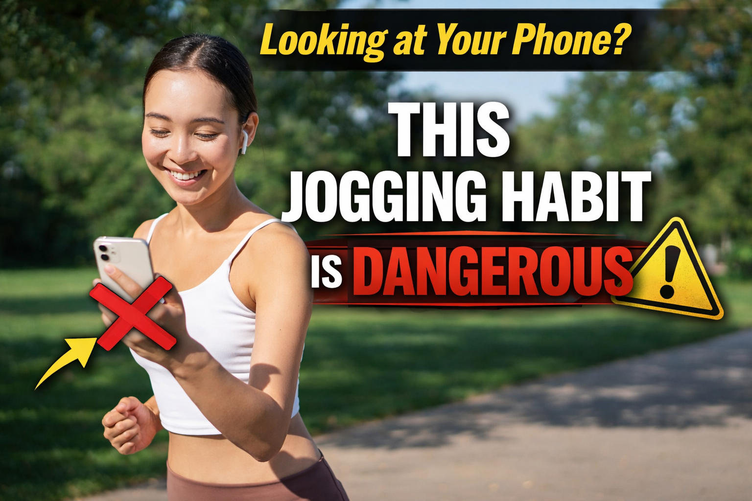 A person jogging while being distracted by a mobile phone